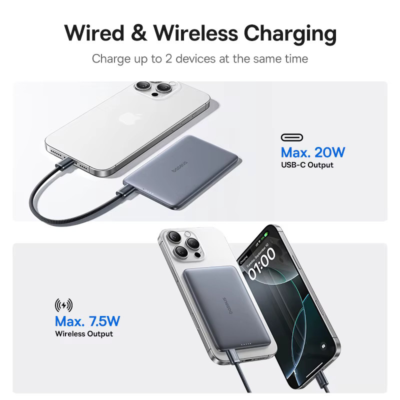 Baseus Magnetische Powerbank 5000 mAh in Grau, kabelloses 15 W Laden und kabelgebundenes 20 W Laden, schlankes Design in Kartengröße für iPhone und Samsung - Bild 3
