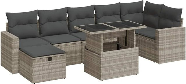 vidaXL 8-tlg. Garten-Sofagarnitur in L-Form mit Kissen und Couchtisch, Hellgrau, Poly Rattan und Metallrahmen - Bild 1