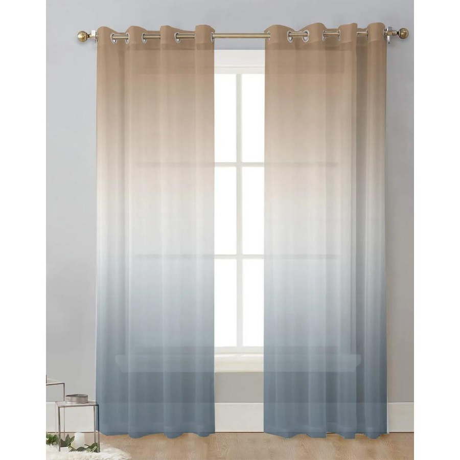 Yiran Furniture Transparente Voile-Vorhänge aus Organza in Braun und Grau mit Ösen, Breite: 135 cm, Höhe: 115 cm - Bild 1