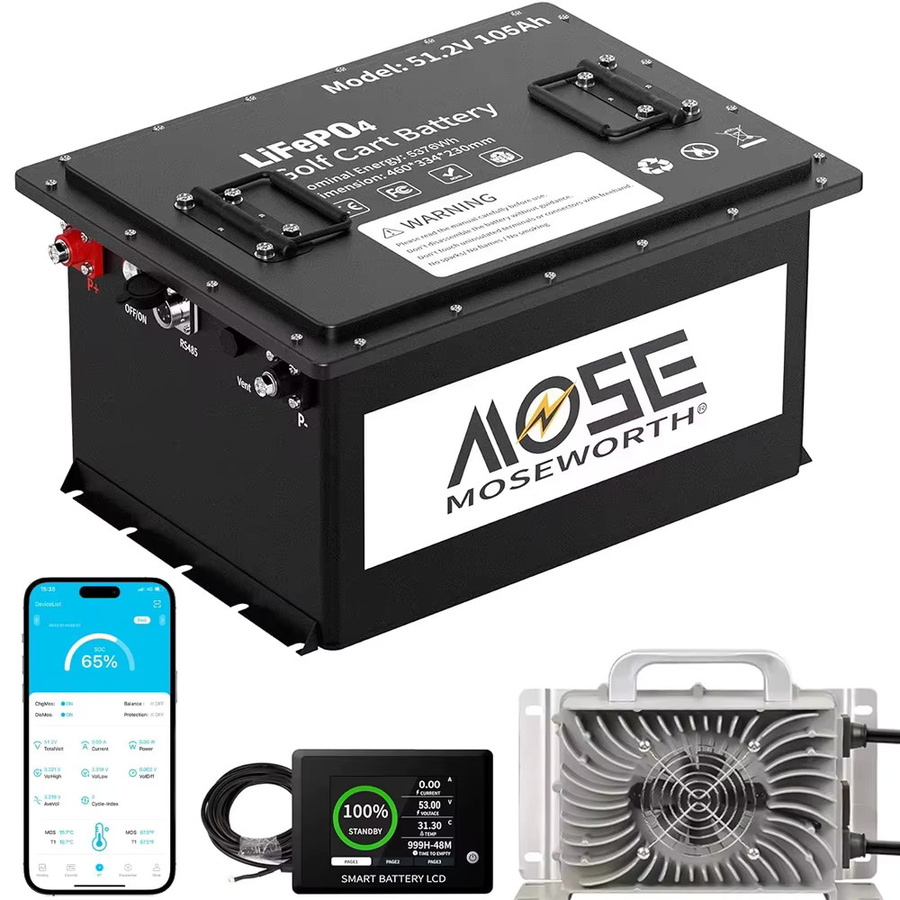 MOSEWORTH 48V 105Ah Lithium-Golfwagen-Batterie mit integriertem 200A BMS, Touch-Monitor, Ladegerät und App-Unterstützung in Schwarz - Bild 6