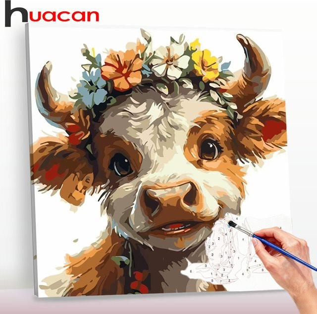 Huacan Malen nach Zahlen Set Kuh und Blumen für Erwachsene, DIY Digitales Ölgemälde auf Leinwand, Mehrfarbig - Bild 1