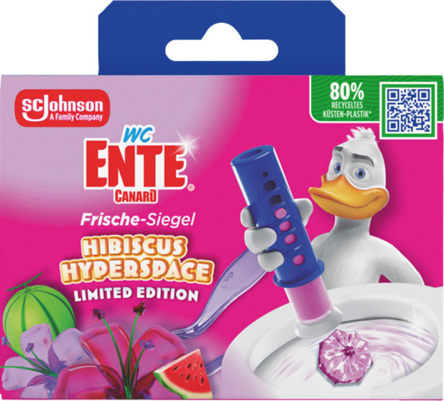 WC Ente Frische Siegel Hibiscus Hyperspace ORIGINAL selbsthaftender WC-Stein mit Halter und 6 Gel-Siegel, Multicolor - Bild 1