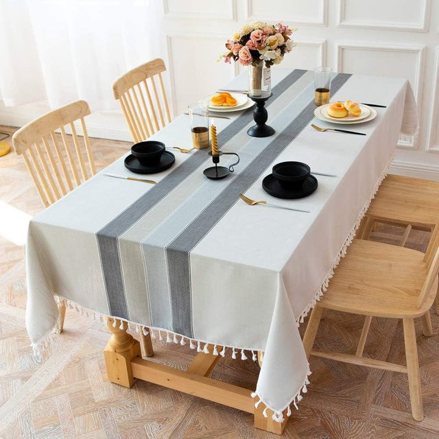 Your Warm Home Tischdecke mit Quasten in Schwarz-Grau gestreift, B/B: 110 x 110 cm - Bild 1