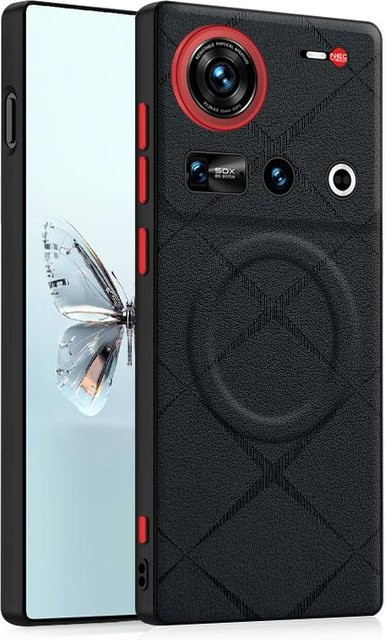 ELVEV Magnetische PU-Leder Hülle mit Linienstruktur und Metallknopf für Nubia Z70 Ultra und Z70S Ultra in Schwarz oder Grau - Bild 1