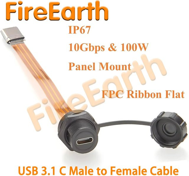 AEVYVKV USB 3.1 Typ-C Verlängerungskabel IP67 mit Stecker und Buchse, 10 Gbit/s, flaches FPC-Band für bündige Plattenmontage, Länge: 0,2 m - Bild 1