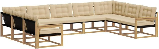 vidaXL Outdoor-Sofagarnitur in U-Form aus Akazienholz mit Textilene-Bezug und Kissen, 9-teilig, Weiß und Beige - Bild 1