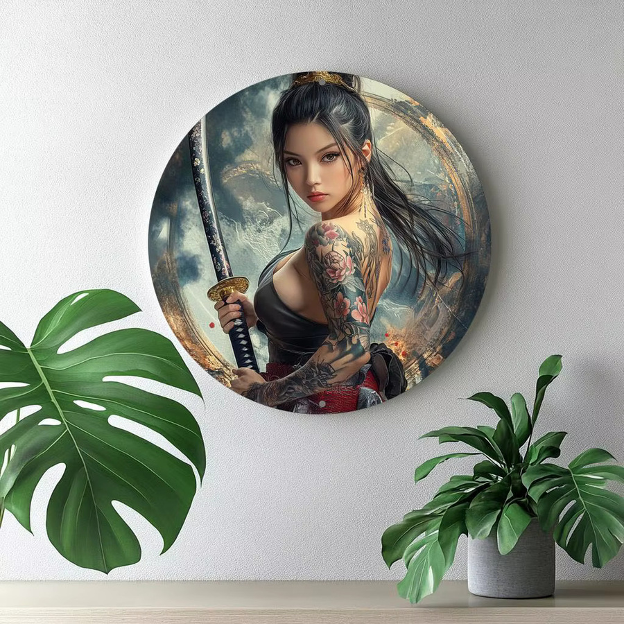 Potdemiel Vintage Japanische Samurai-Frau Aluminium-Wandkunst, rundes Metallschild in Multicolour, Durchmesser: 20,32 cm - Bild 2