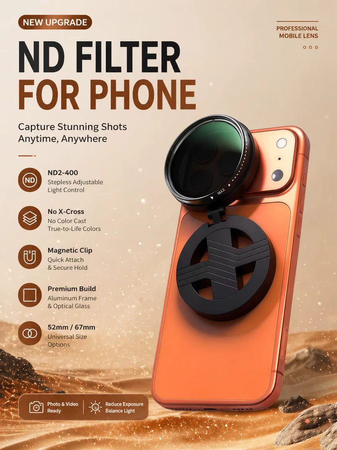 OBKEY Magnetisches ND-Filter-Kit für Smartphones und Android, ND2-400 verstellbar, 52mm/67mm, optisches Glasobjektiv, Schwarz - Bild 5