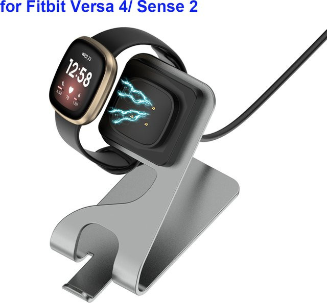 iHZCPRO Kabelloser Ladeständer aus Metall für Fitbit Sense 2, Versa 4 und Versa 3 mit 150 cm USB-Kabel in Grau und Silber - Bild 1