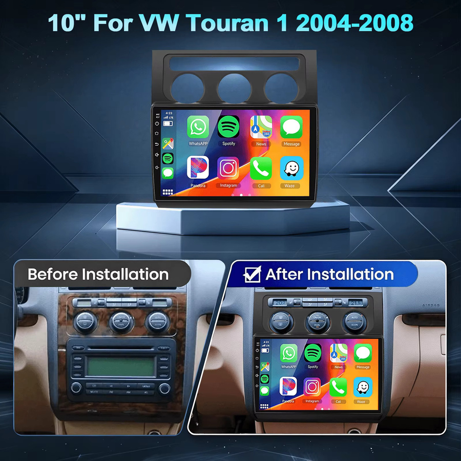 ESSGOO Android 15 Autoradio für VW Touran 1 (2004-2008) mit 10 Zoll IPS Touchscreen, 4+64GB, GPS-Navigation, kabellosem Carplay, Android Auto, Bluetooth und Wifi, Schwarz - Bild 2