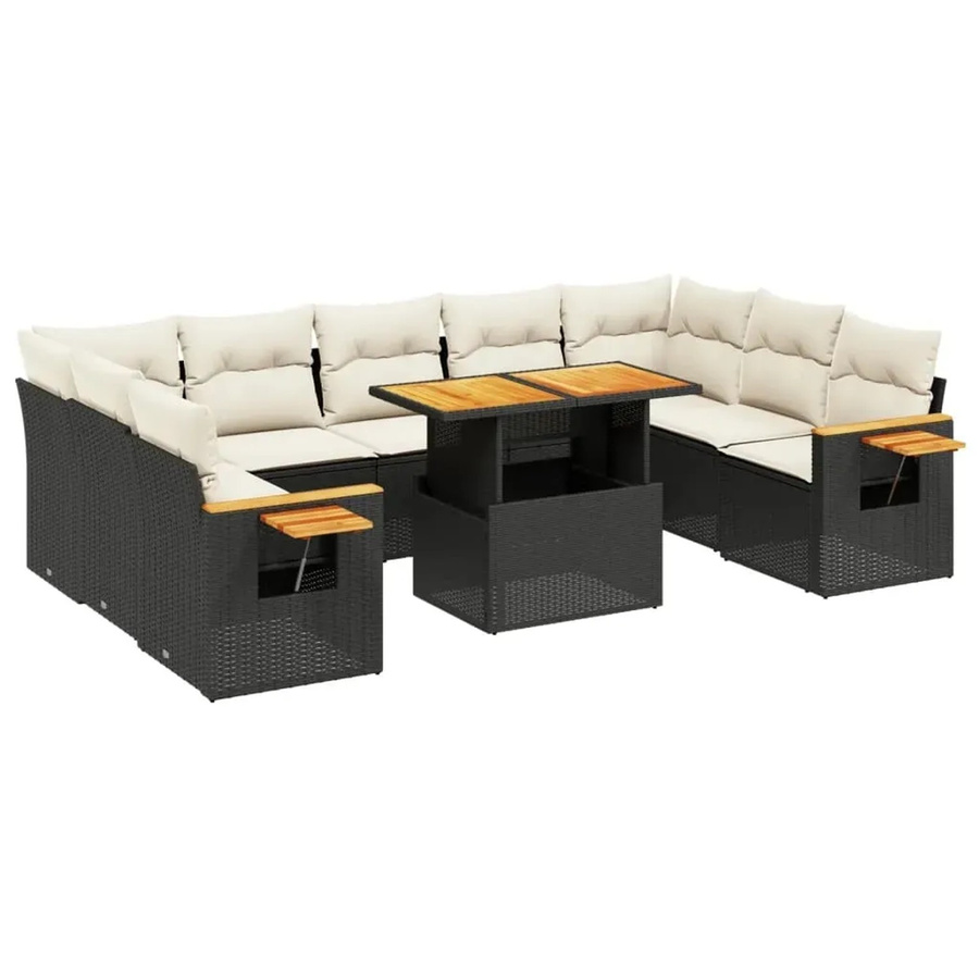 vidaXL 10-tlg. Garten-Sofagarnitur in U-Form aus Polyrattan und Akazienholz mit Kissen, Schwarz - Bild 2