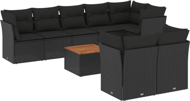 vidaXL 9-tlg. Garten-Sofagarnitur in L-Form aus Poly-Rattan mit Kissen und Tisch, Schwarz - Bild 1