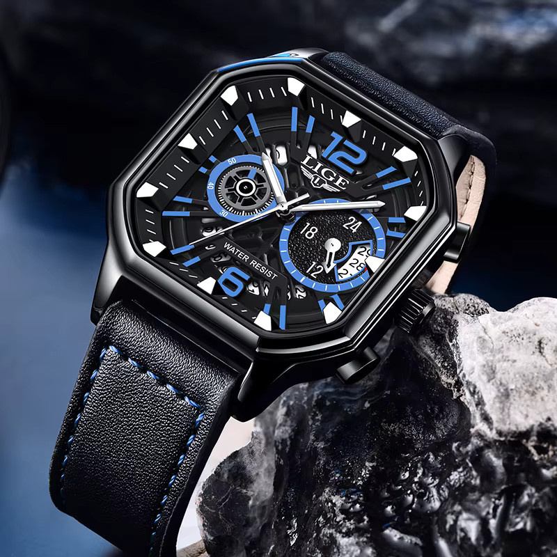 LIGE Chronograph Armbanduhr, Quarz, Leder, Black blue, Herren - Bild 2