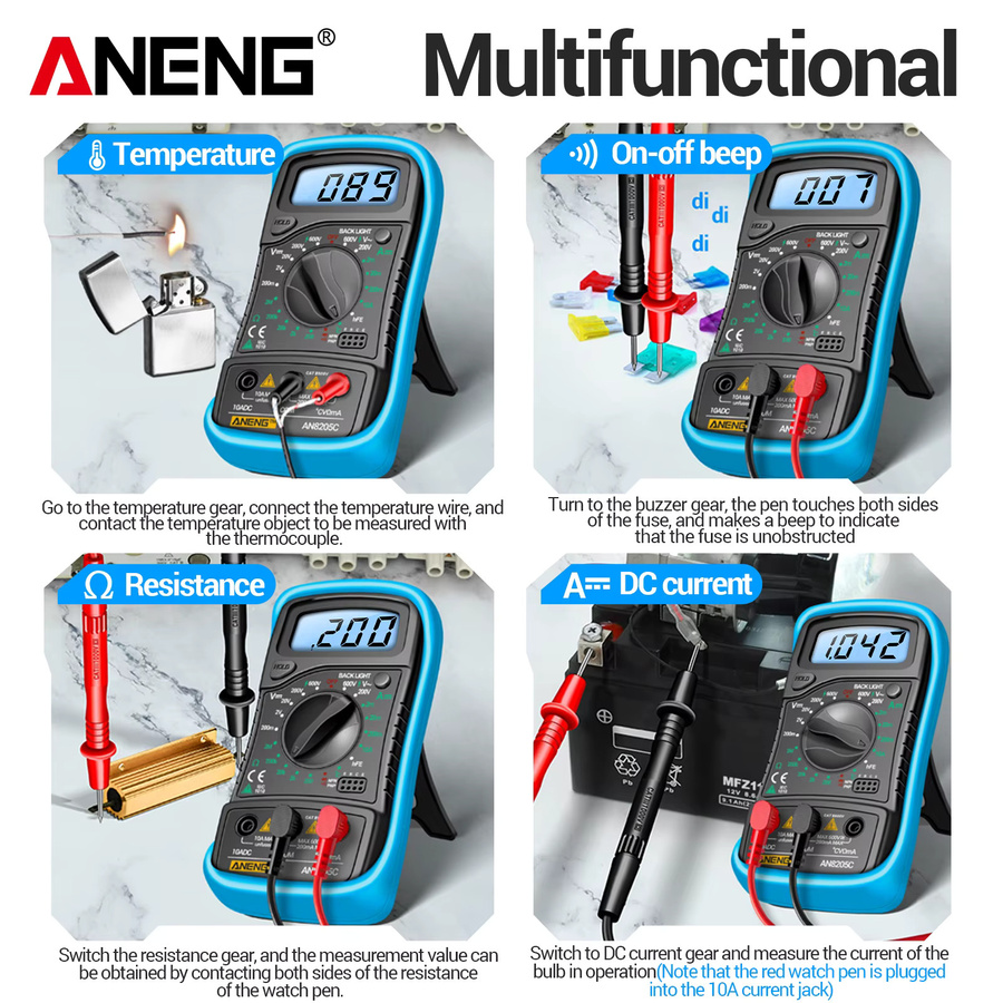 ANENG AN8205C Digitales Multimeter 600V AC DC 10A mit Hintergrundbeleuchtung in Blau für Heimwerkstatt und Autoelektrik - Bild 5