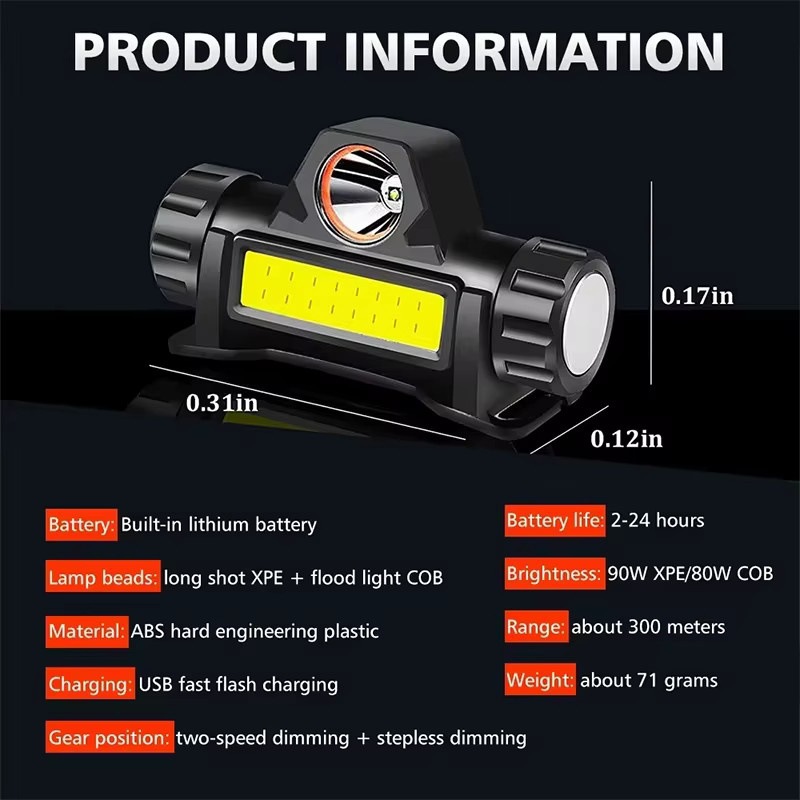 ZHIYU USB wiederaufladbare LED Stirnlampe mit XPE COB Licht, dimmbar, Magnetfunktion und Touch-Bedienung, Schwarz - Bild 6