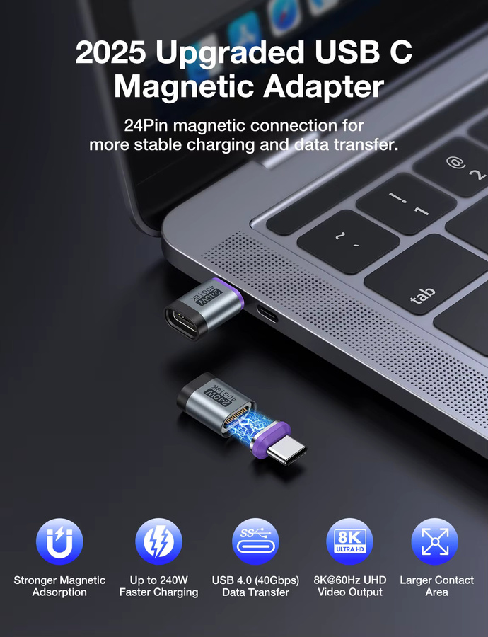 AUFU Magnetischer Typ-C-Adapter für Schnellladung und USB4 mit 40Gbps und 8K60Hz, Thunderbolt 4 kompatibel, Farbe: Silber - Bild 5