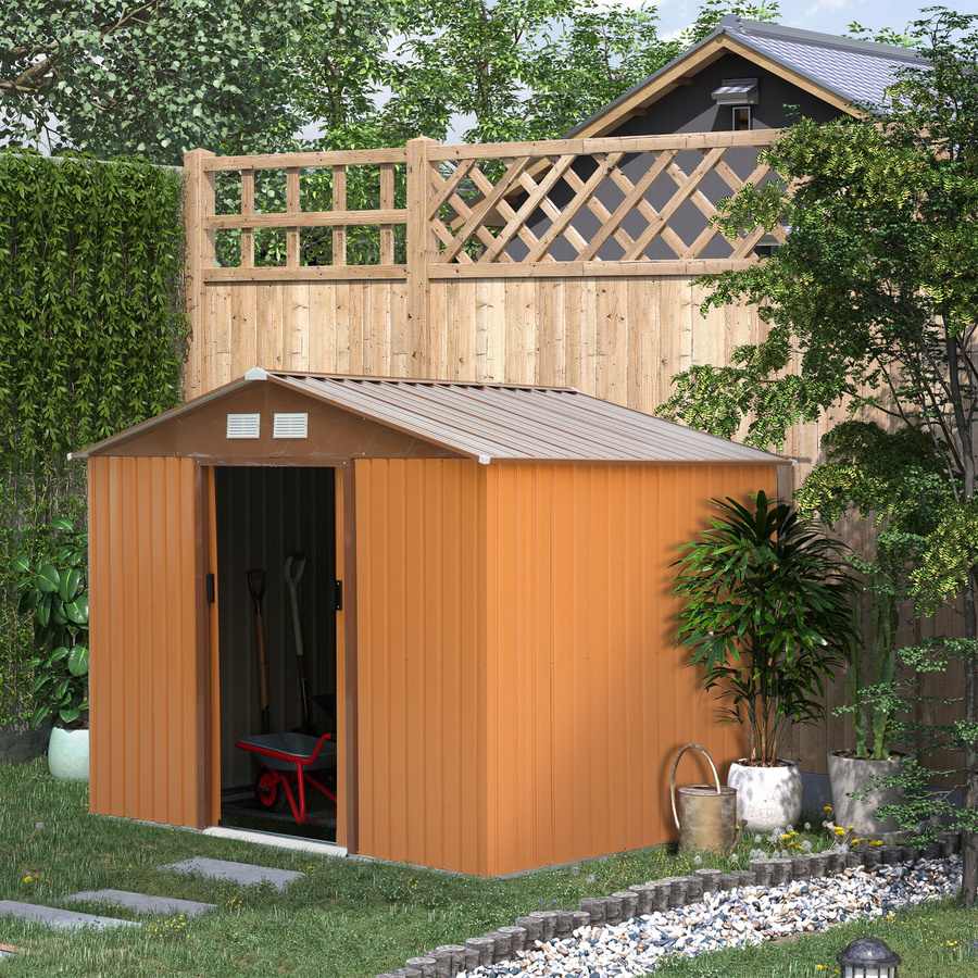 Outsunny Metall Gerätehaus Gelb mit Fundament und Fenster, wetterfester Geräteschuppen aus verzinktem Stahl, B/T/H: 277 x 195 x 192 cm - Bild 2