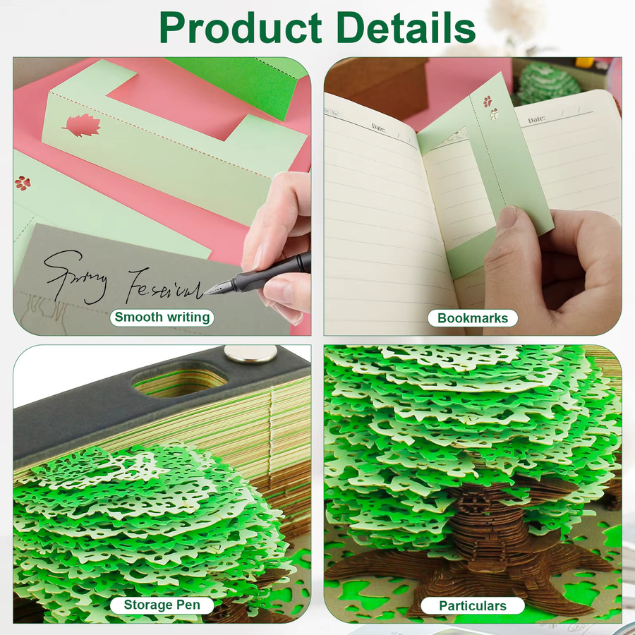 3D Schreibtisch Notizblock mit Baum-Motiv und Stifthalter, 115 Seiten, Farbe Grün, Kreatives DIY Papier-Schnitzkunst Set für deine Desktop-Dekoration - Bild 4