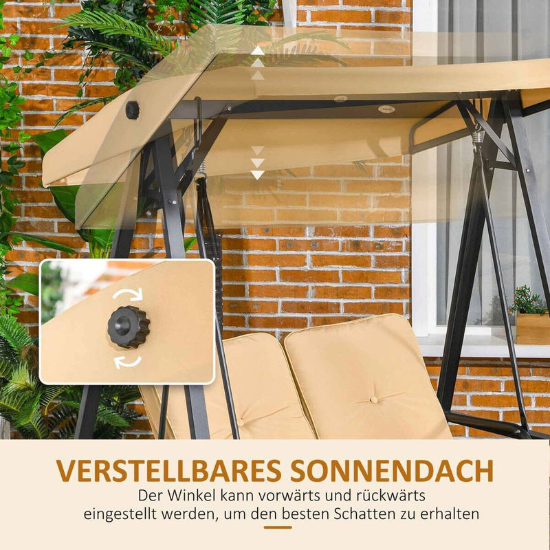 Outsunny Hollywoodschaukel beige aus Stahl mit Sonnen canopy und Kissen, B/H/L: 106 x 174 x 138 cm - Bild 3