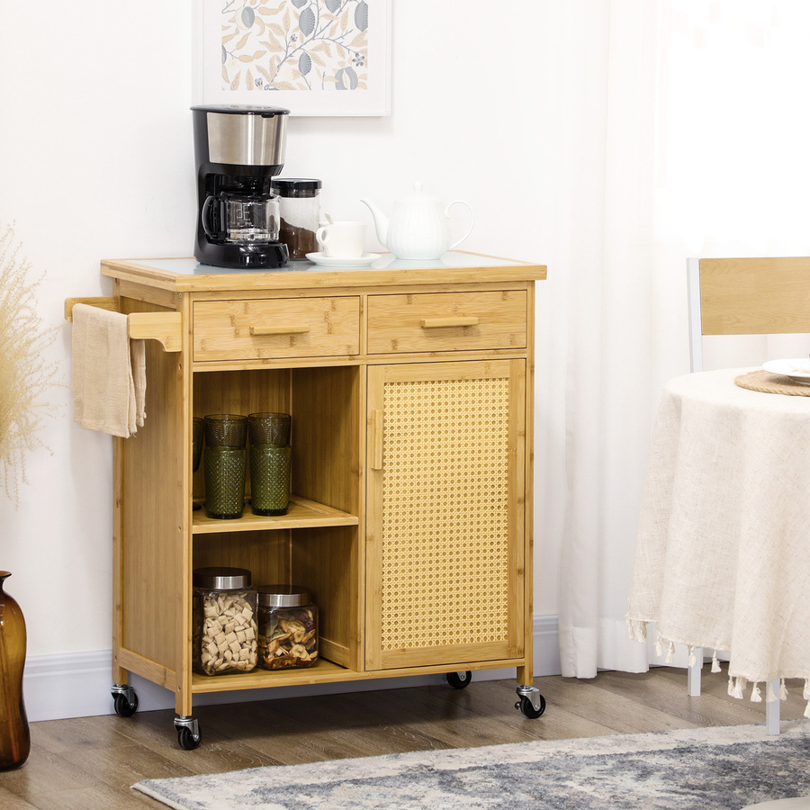 HOMCOM Küchenwagen aus Bambus und Rattan in Beige und Braun mit Schublade und Schrank im Boho-Chic, B/T/H: 84 x 36 x 85 cm - Bild 2