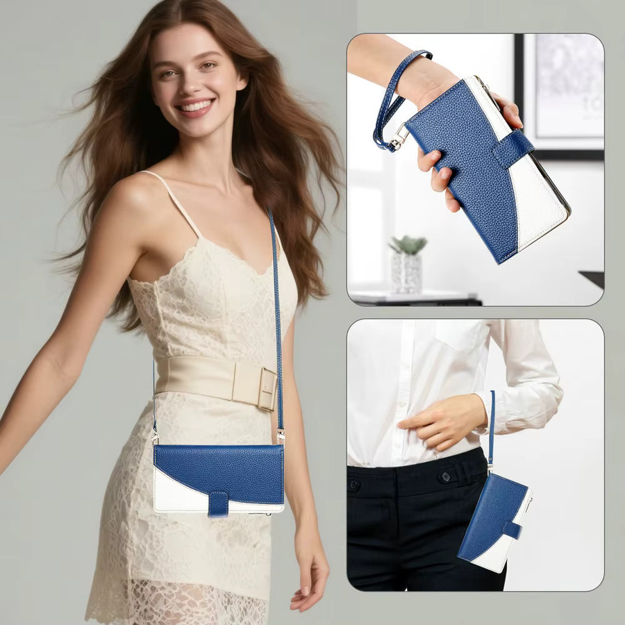 Leder Crossbody Lanyard Brieftasche mit Reißverschluss als Stoßfeste Flip Case für Sony Xperia 1 VII in Blau - Bild 4