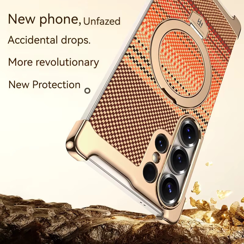 Magnetische Handyhülle mit Kohlefaser-Textur und drehbarem Halter für Samsung S24 Ultra, S25 Ultra und S26 Ultra in Orange - Bild 2