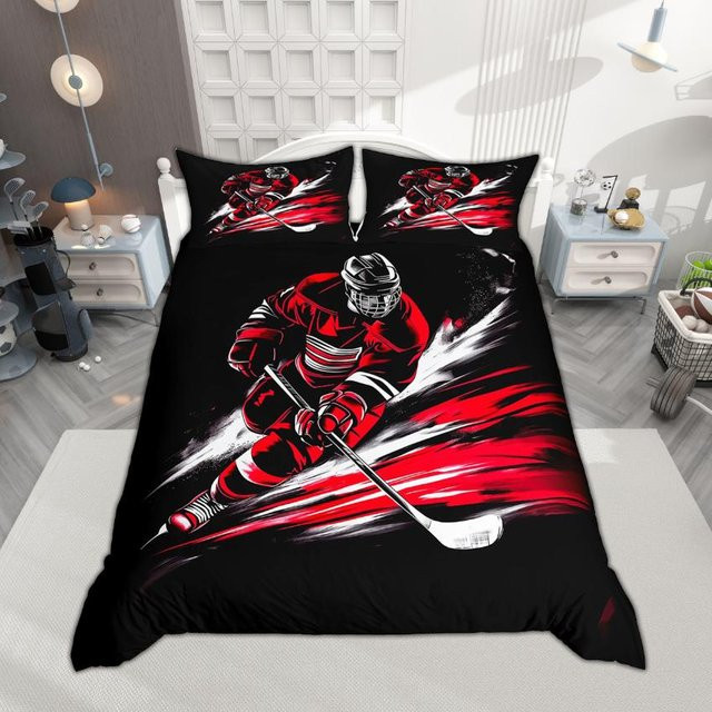 Homewish Eishockey Bettwäsche Set für Jungen und Jugendliche, 2-teilig, Schwarz-Rot-Weiß, B/H: 100 x 135 cm - Bild 1