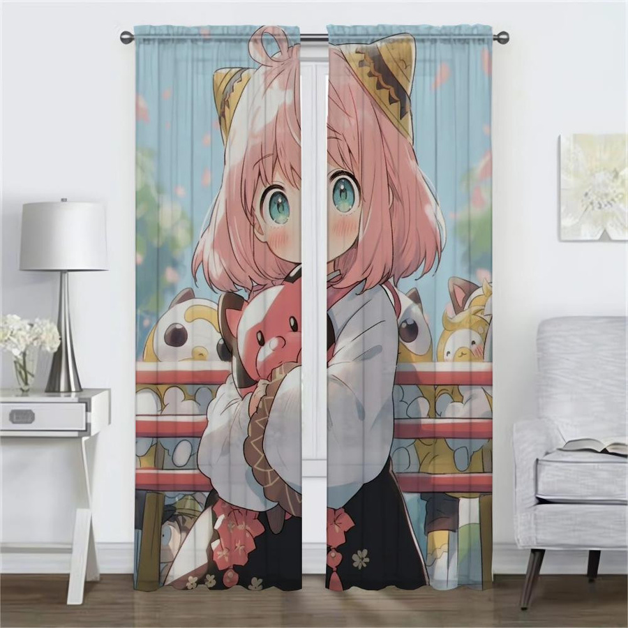 Spy X Family Tüll-Vorhänge für Wohnzimmer und Schlafzimmer, halbtransparent, Mehrfarbig, B: 50 cm, H: 70 cm, 2 Stück - Bild 1