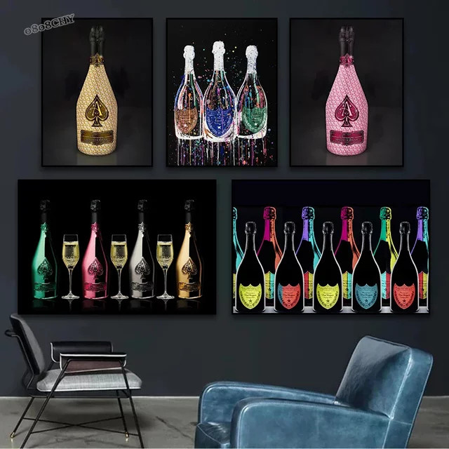 Potdemiel Leinwandbild Champagner Flasche Abstract Kunst Druck Multicolour Wanddeko für Bar und Esszimmer - Bild 1