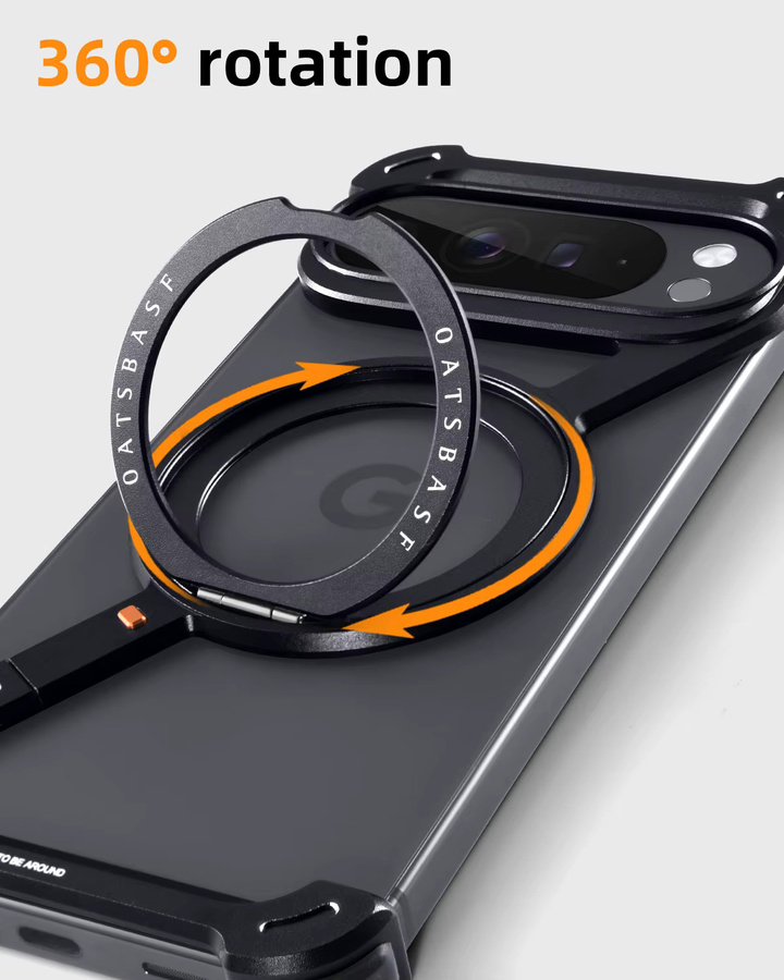 Oatsbasf Rahmenlose Metall-Handyhülle für Google Pixel 10 Pro und Google Pixel 10 Pro XL mit 360 Grad drehbarem Ständer und magnetischer kabelloser Ladefunktion in Schwarz - Bild 3