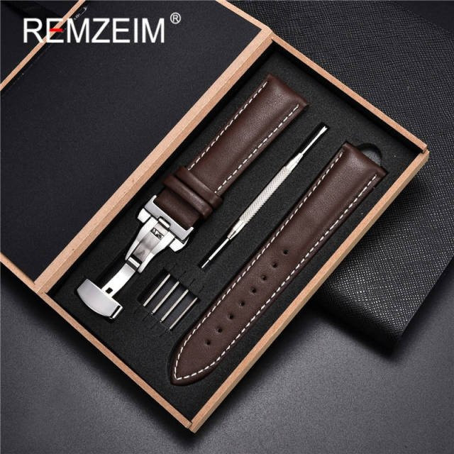 Uhrenarmband Echtleder, Kalbsleder, Schwarz, Braun, Schmetterlingsschließe, Herren - Bild 1
