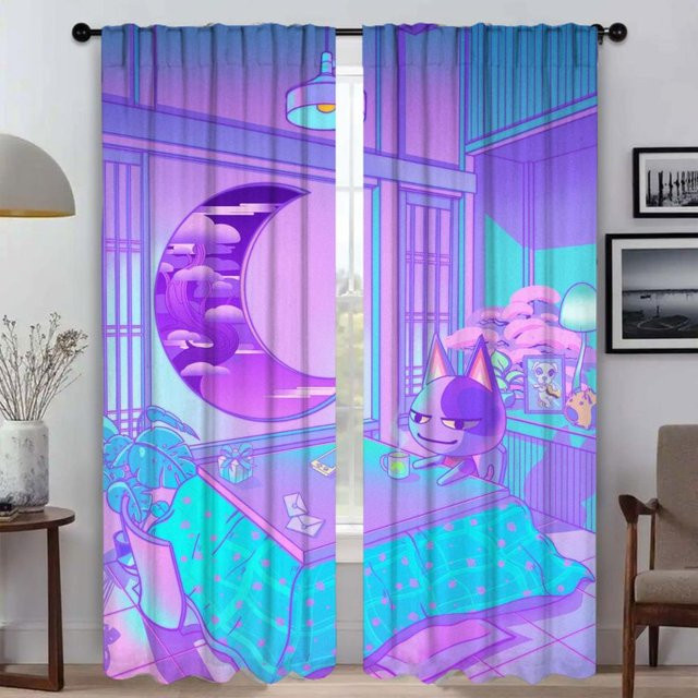 City Pop Tüll-Fenstervorhang mit Tiermotiven, 2 Paneele, Lila, Breite: 50 cm, Höhe: 70 cm - Bild 1