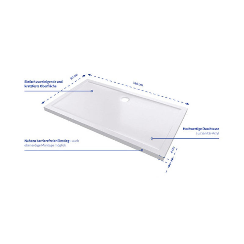 Aurlane Duschwanne Pure Rechteck aus Acryl in Weiß, B/T: 140 x 90 cm - Bild 3