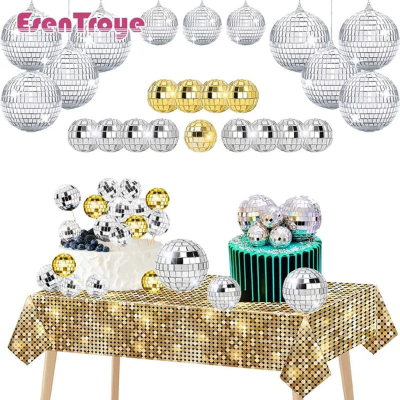 EsenTroye Disco Spiegel Ball Deko Set aus Kunststoff in Silber für Geburtstag und Hochzeit als Kuchen Topper und hängender Anhänger - Bild 1