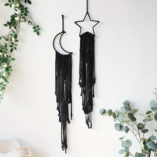 Mond & Stern Makramee Wandbehang Schwarz Boho Traumfänger Wandteppich für Wohnzimmer und Schlafzimmer - Bild 1