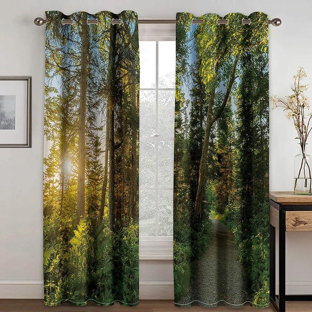 Yiran Furniture Vorhänge mit 3D Tropischer Wald Naturlandschaft Digitaldruck, 2 Paneele, Grün, Polyester, semi-transparent, Höhe: 230 cm, Breite: 135 cm - Bild 1