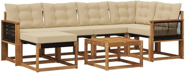 vidaXL Outdoor-Sofagarnitur aus Akazienholz mit Textilene und Kissen in Natur-Beige, 7-teiliges Set - Bild 1