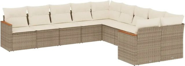 vidaXL 10-tlg. Garten-Sofagarnitur in L-Form aus Poly-Rattan und Akazienholz mit Kissen in Beige und Cremeweiß - Bild 1