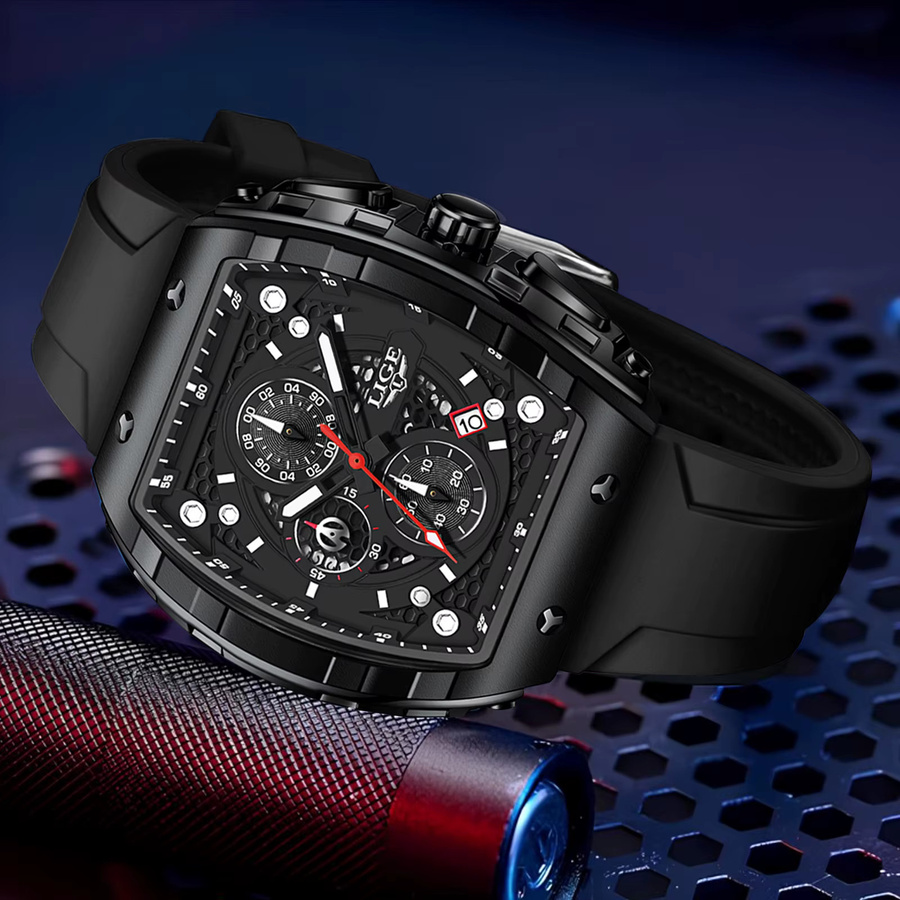 LIGE Armbanduhr, Chronograph, Quarz, Eckig, Schwarz, Silikon, Herren - Bild 3