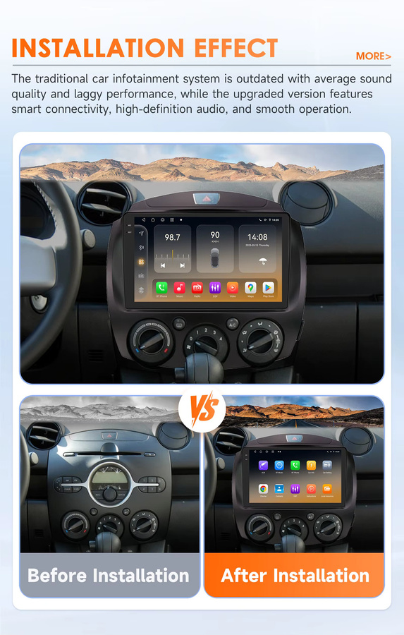 OSSURET Android 14 Auto Radio mit 360 Kamera, GPS und 4G für Mazda 2 (2007-2014), 2Din Multimedia System mit Carplay, Schwarz - Bild 2
