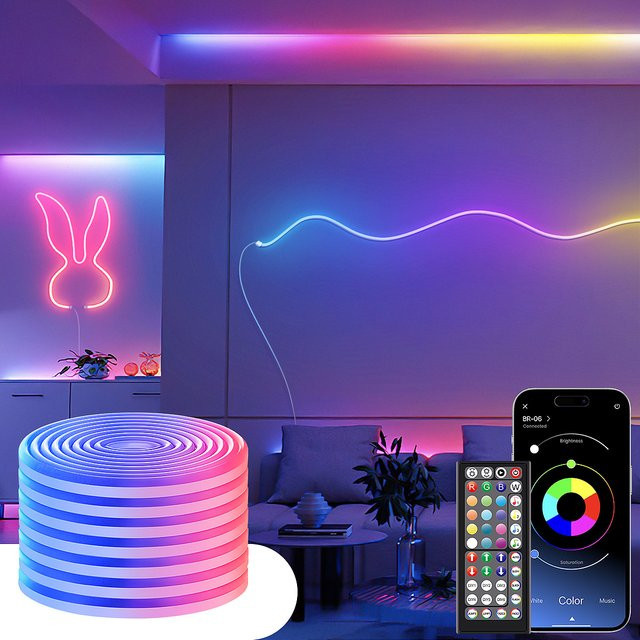 RGB LED Neon Flex Lichterkette mit App- und Fernbedienung, 24V wasserdichte Neon-Lichtschlauch-Lichterkette in Multicolour für Party und Schlafzimmer - Bild 1