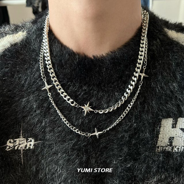 Halskette Doppel-schicht Stern Kreuz, Titan, Silber, Unisex - Bild 1