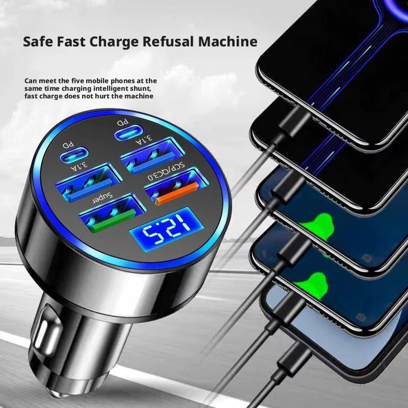 4-Port USB PD und QC 3.0 Autoladegerät mit LED-Digitalanzeige und Blaulicht in Schwarz und Blau für Huawei und Xiaomi - Bild 6