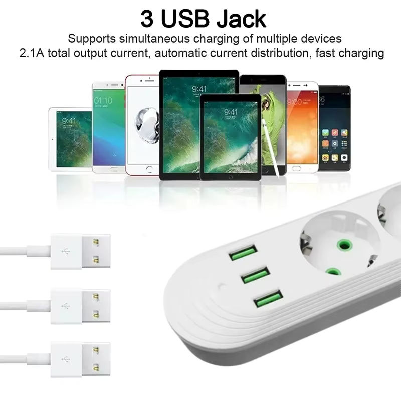 AXUS Steckdosenleiste in Schwarz mit 3 USB-Anschlüssen und 2m Verlängerungskabel, Mehrfachsteckdose bis 2500W mit EU-Stecker - Bild 4