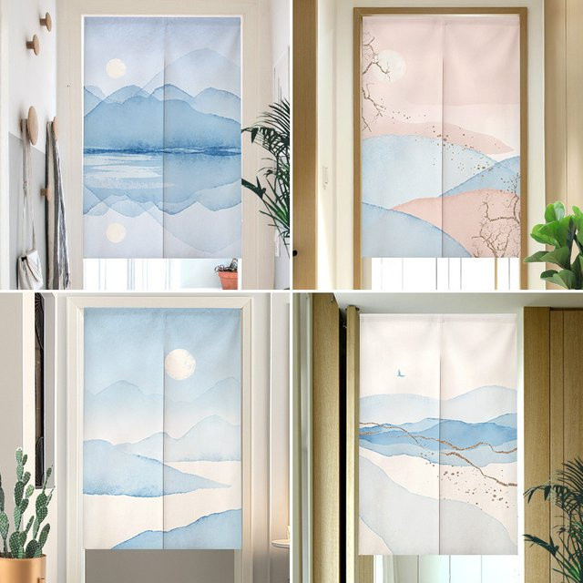 VIKAMA Halbtürvorhang aus Leinen im chinesischen Stil mit Landschaftsmalerei, Trennvorhang für Wohnzimmer und Schlafzimmer, Farbe: Blau - Bild 1