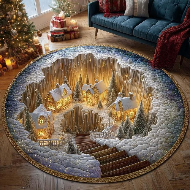 Runder 3D-Teppich Leuchtendes Winterfeendorf aus Polyester, Mehrfarbig, Durchmesser: 60 cm - Bild 1