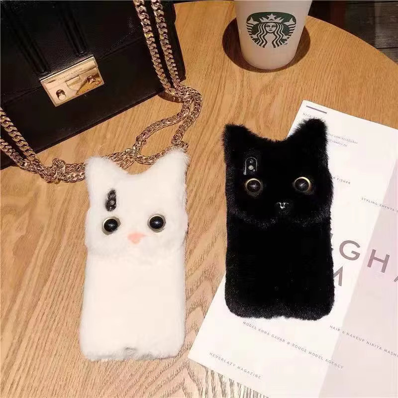 Flauschige Plüsch Handyhülle mit Katzen-Design für Apple iPhone 15 14 13 12 11 Pro Max XS XR X 7 8 Plus in Schwarz - Bild 5