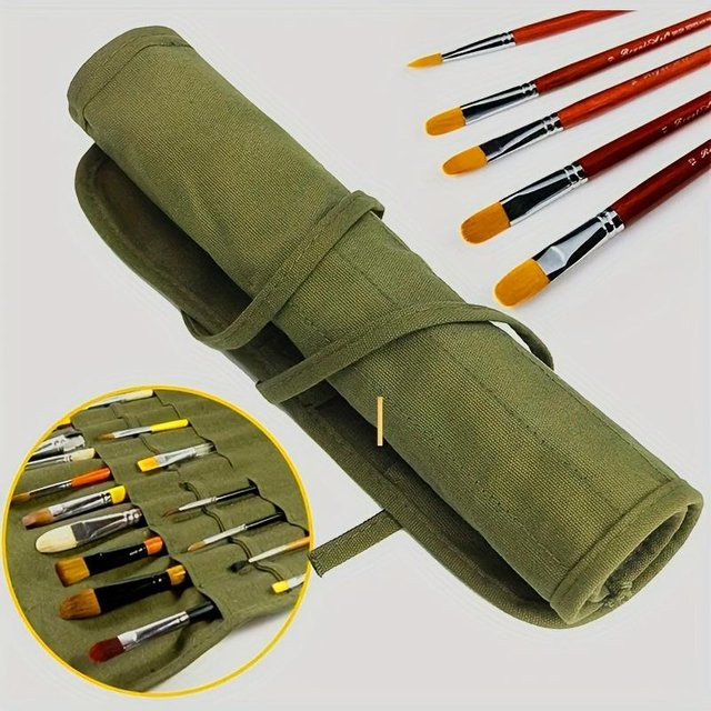 SZwatch Rollbarer Kunstpinselhalter aus Canvas in Olivgrün mit 16 Fächern für Aquarell und Kalligraphie - Bild 1