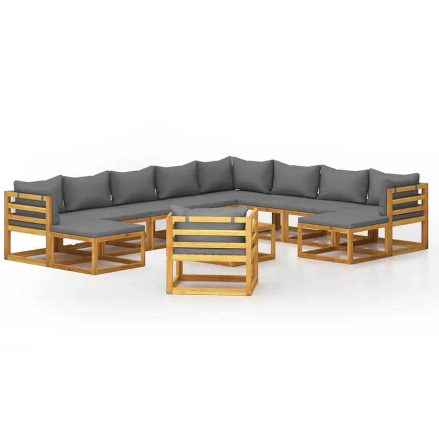 vidaXL 12-tlg. Garten-Lounge-Set in U-Form aus massivem Akazienholz mit grauen Polstern - Bild 2