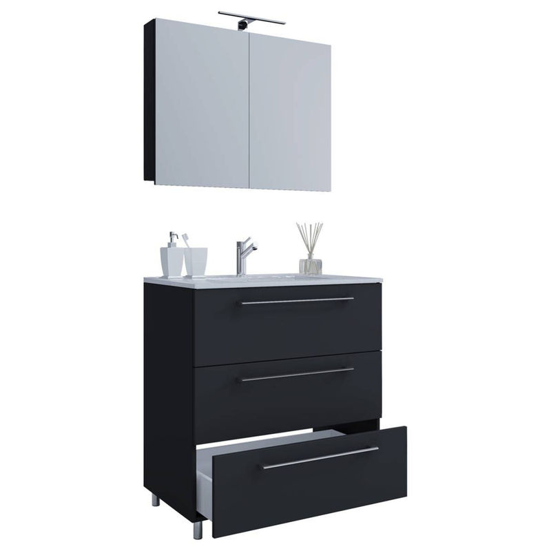 VCM Badmöbel Set Badinos 3-tlg. Waschplatz in Schwarz mit Spiegelschrank, Waschbecken und Unterschrank mit 3 Schubfächern, B/H/T: 80 x 86 x 46 cm - Bild 2